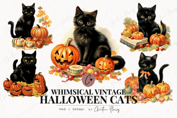 Download Whimsical Vintage Halloween Cats Clipart - Halloween cats Collection